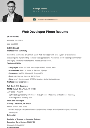 Free Web Developer Photo Resume Template to Edit Online