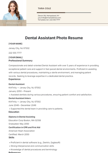 Free Dental Assistant Photo Resume Template to Edit Online