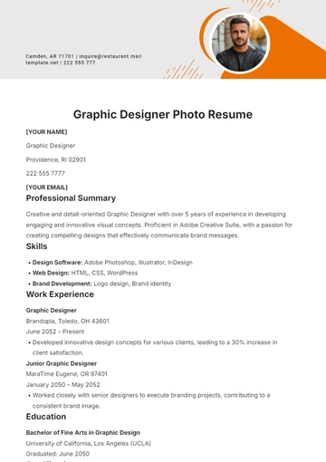 Free Graphic Designer Photo Resume Template to Edit Online