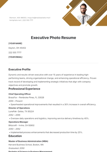 Free Executive Photo Resume Template to Edit Online