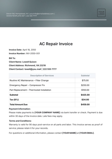 Free AC Repair Invoice Template to Edit Online