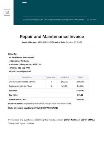 Free Repair and Maintenance Invoice Template to Edit Online
