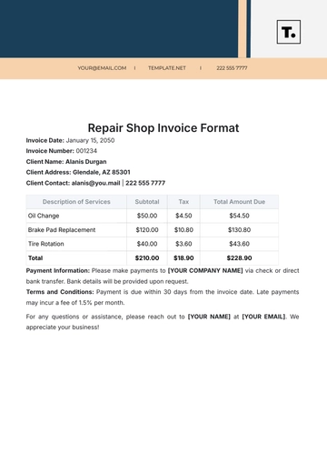 Free Repair Shop Invoice Format Template to Edit Online