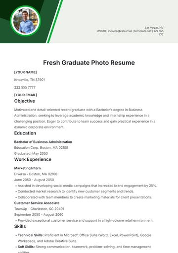 Free Fresh Graduate Photo Resume Template to Edit Online