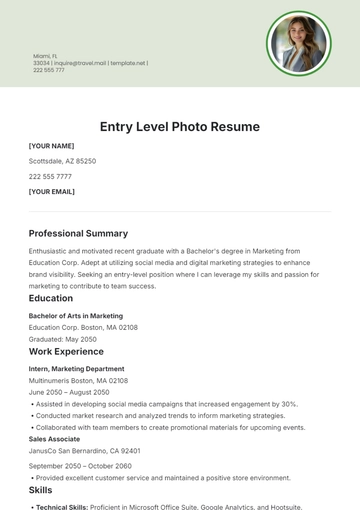 Free Entry-Level Photo Resume Template to Edit Online