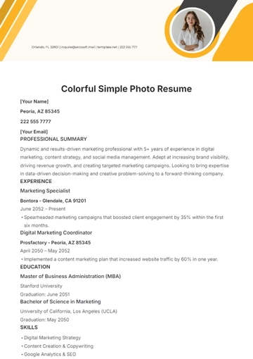 Free Colorful Simple Photo Resume Template to Edit Online