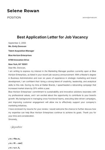 Free Best Application Letter for Job Vacancy Template to Edit Online