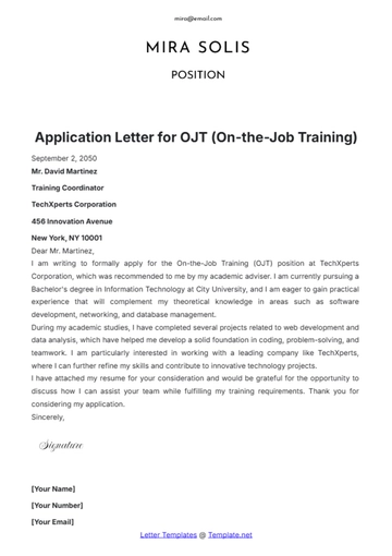Free Application Letter for OJT (On-the-Job Training) Template to Edit Online