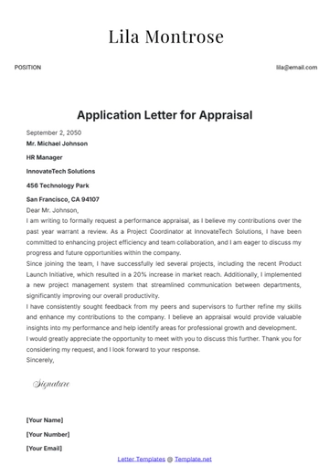 Free Application Letter for Appraisal Template to Edit Online