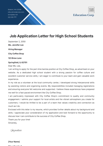 Free Job Application Letter for High School Students Template to Edit Online