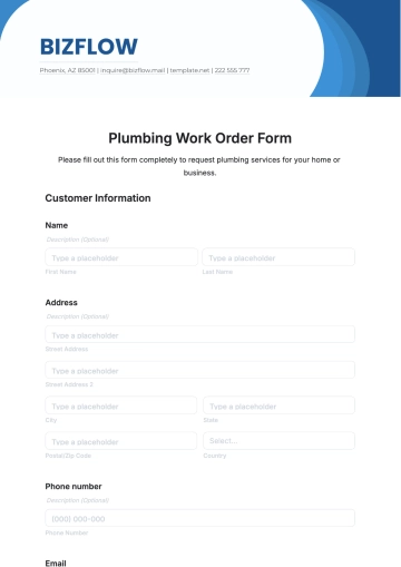 Free Plumbing Work Order Form Template to Edit Online