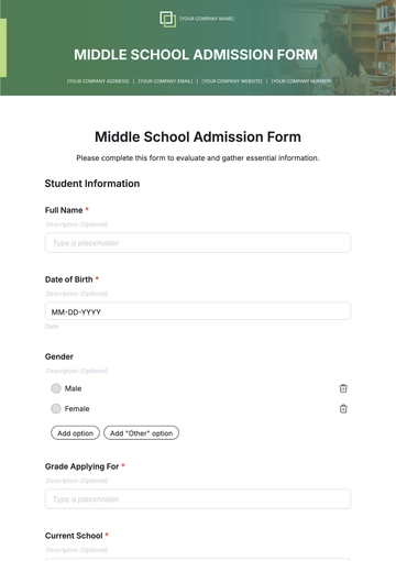 Free Middle School Admission Form Template to Edit Online