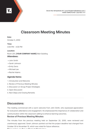 Free Sample Classroom Meeting Minutes Template to Edit Online