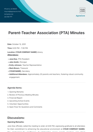 Free Parent-Teacher Association (PTA) Minutes Template to Edit Online