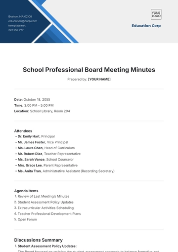Free School Professional Board Meeting Minutes Template to Edit Online