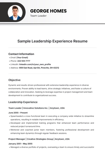 Free Sample Leadership Experience Resume Template to Edit Online