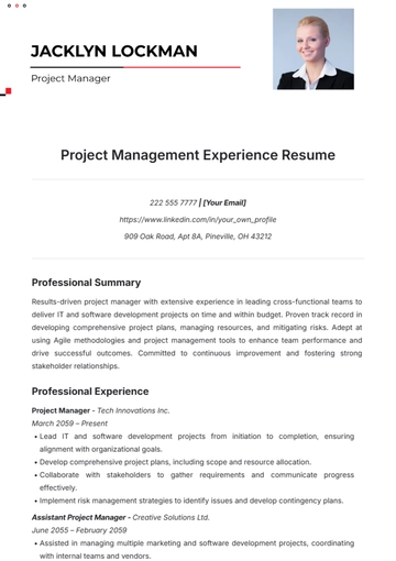 Free Project Management Experience Resume Template to Edit Online