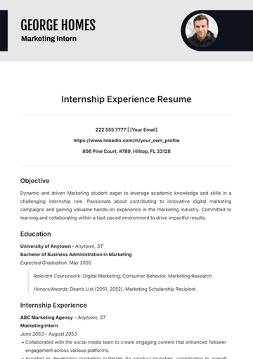Free Internship Experience Resume Template to Edit Online