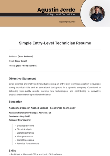 Free Simple Entry-Level Technician Resume Template to Edit Online