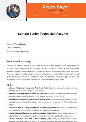 Free Sample Senior Technician Resume Template to Edit Online