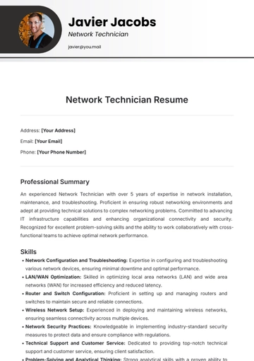 Free Network Technician Resume Template to Edit Online