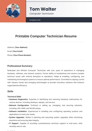 Free Printable Computer Technician Resume Template to Edit Online