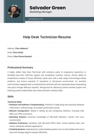 Free Help Desk Technician Resume Template to Edit Online