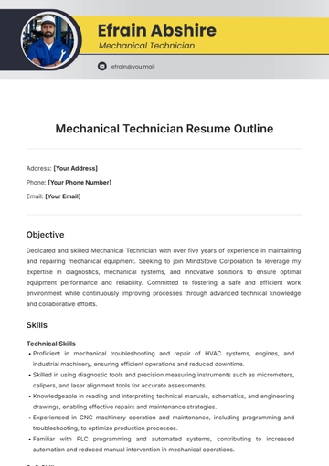 Free Mechanical Technician Resume Template to Edit Online