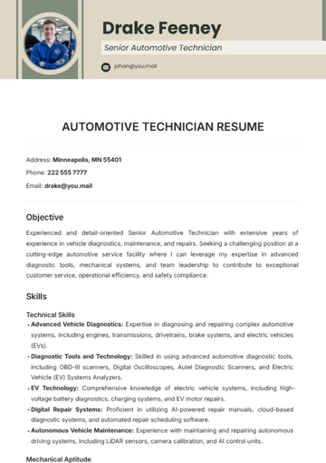 Free Automotive Technician Resume Template to Edit Online