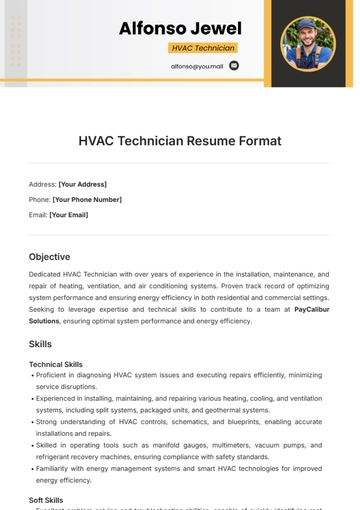 Free HVAC Technician Resume Format Template to Edit Online