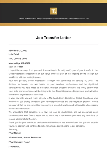 Free Job Transfer Letter Template to Edit Online