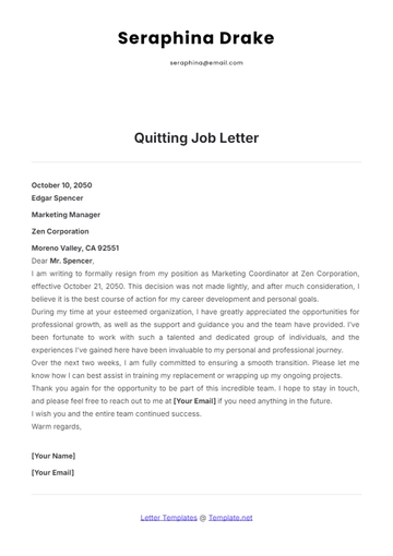 Free Quitting Job Letter Template to Edit Online