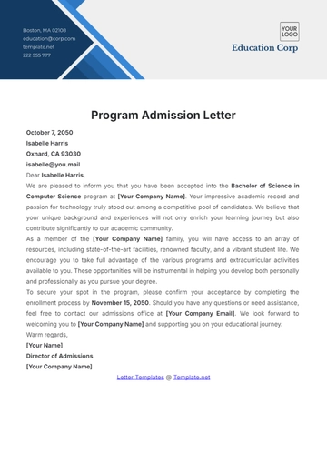 Free Program Admission Letter Template to Edit Online