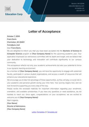 Free Letter of Acceptance Template to Edit Online
