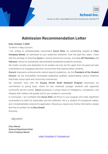 Free Admission Recommendation Letter Template to Edit Online