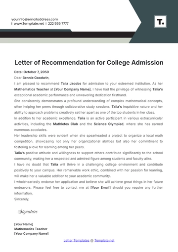 Free Letter of Recommendation for College Admission Template to Edit Online