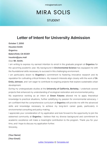 Free Letter of Intent for University Admission Template to Edit Online