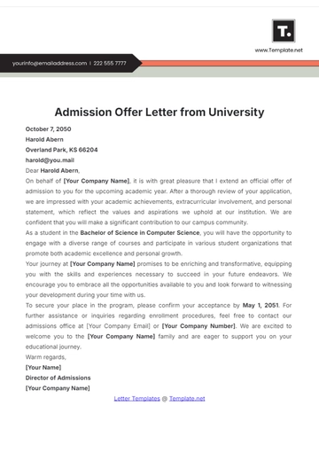 Free Admission Offer Letter from University Template to Edit Online