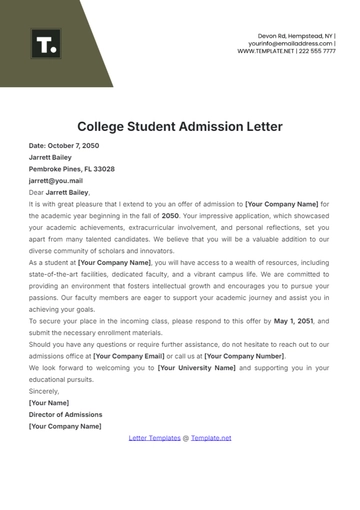 Free College Student Admission Letter Template to Edit Online