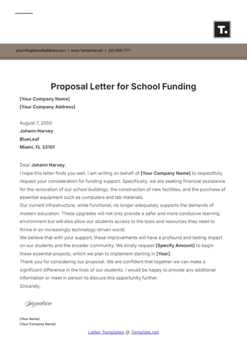 Free Proposal Letter Template for School Funding to Edit Online