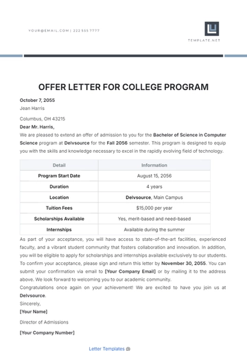 Free Offer Letter for College Program Template to Edit Online