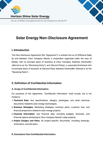 Free Solar Energy Non-Disclosure Agreement Template to Edit Online