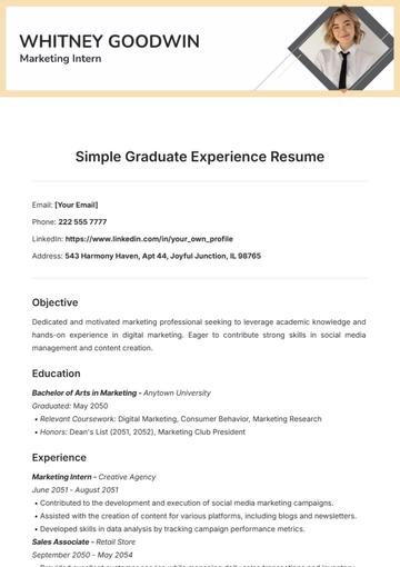 Free Simple Graduate Experience Resume Template to Edit Online