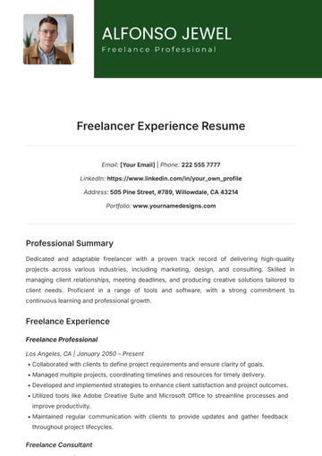Free Freelancer Experience Resume Template to Edit Online