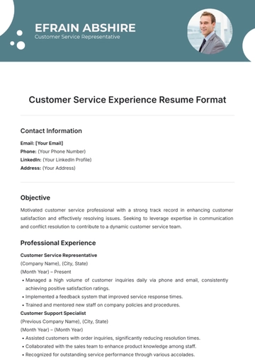 Free Customer Service Experience Resume Format Template to Edit Online