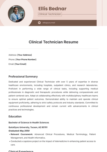 Free Clinical Technician Resume Template to Edit Online