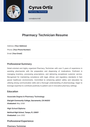 Free Pharmacy Technician Resume Template to Edit Online