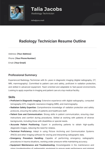 Free Radiology Technician Resume Outline Template to Edit Online