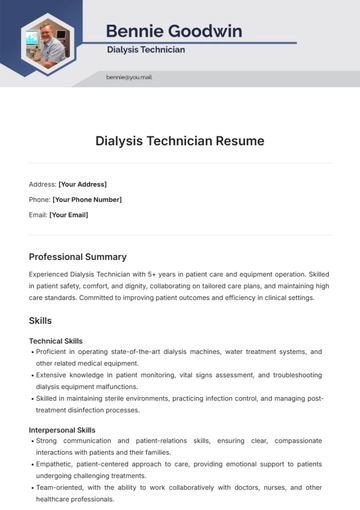 Free Dialysis Technician Resume Template to Edit Online