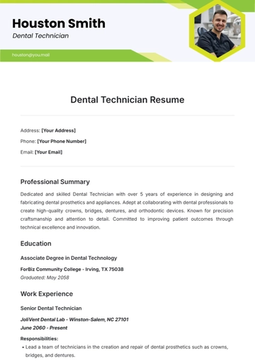 Free Dental Technician Resume Template to Edit Online
